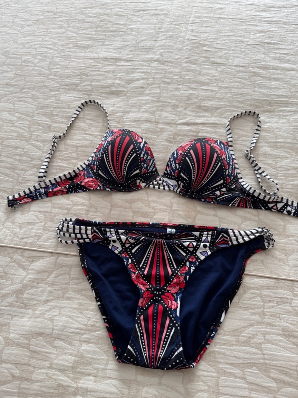 Aqua Navy, Pink & White Patterned Push-Up Bikini